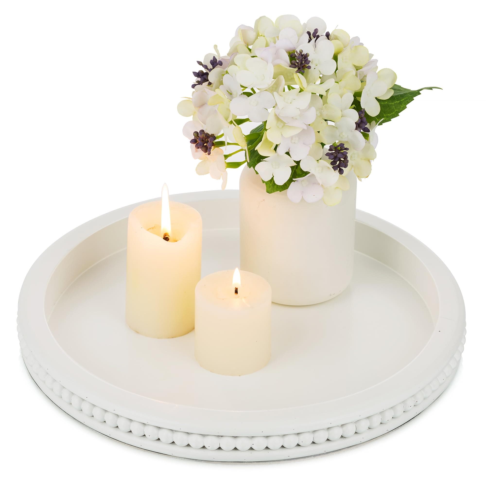 Decorative Coffee Table Tray: White Beaded Round Serving Tray Modern Farmhouse Wooden Circle Centerpiece Tray Decor for Home Living Dining Room Kitchen Counter Bathroom