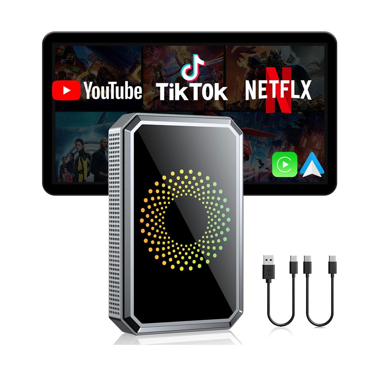 3-in-1 Magic Video Box for Streaming Netflix/YouTube/TikTok, Wireless Carplay Adapter Dongle with USB Drive for OEM Wired Apple Car Play and Android Auto Cars