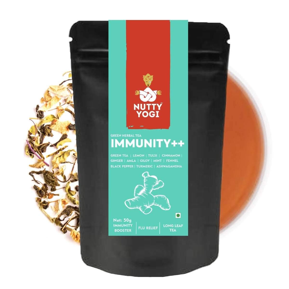 Nutty YogiImmunity Plus Plus Tea | Herbal Green Tea with Active Herbs Like Giloy, Ashwangandha, Tulsi