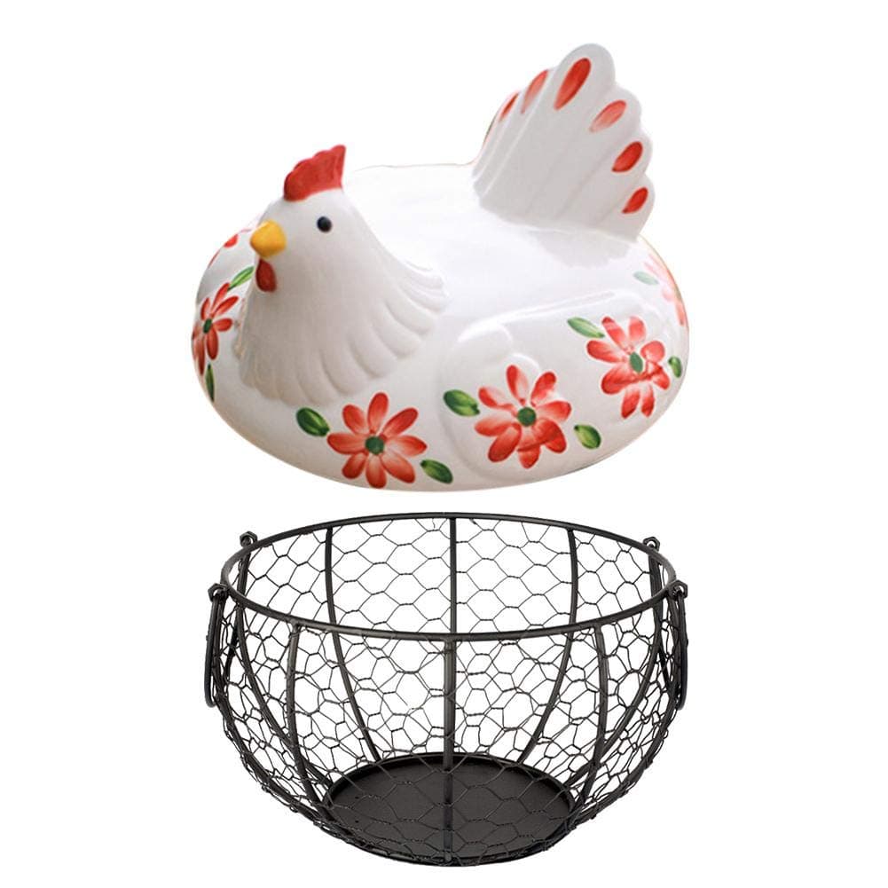Household Creative Egg Storage Basket Metal Mesh Wire Vegetables Storage Basket With White Ceramic Farm Chicken Top Handles For Storage Eggs Fruit Vegetable