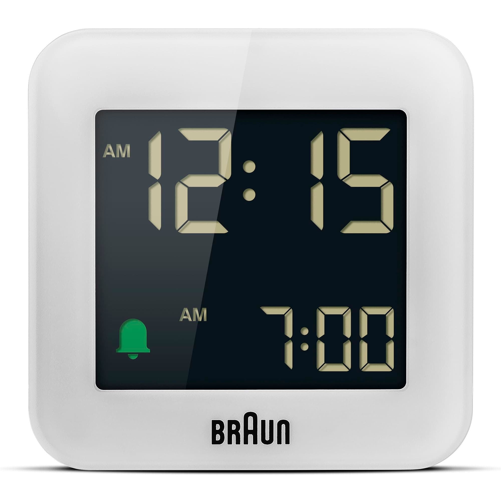 – Braun Digital Travel Alarm Clock with Snooze, Compact Size, Negative LCD Display, Quick Set,Crescendo Beep Alarm in White, model BC08W.