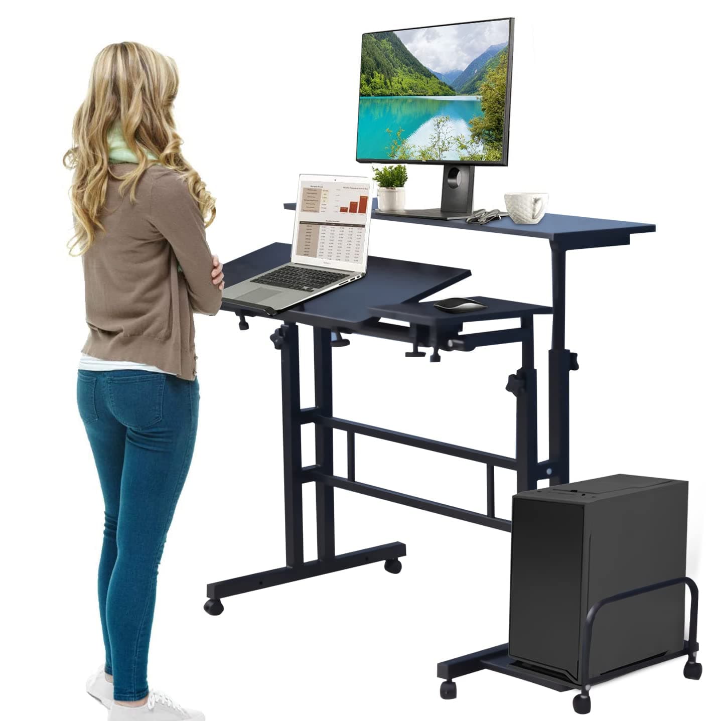 Rolling Computer Table Mobile Standing Desk Sit-stand Laptop Standing Cart Workstation Height Adjustable Laptop Desk with Wheels PC Computer Table Laptop Holder for Home Office Classroom Black