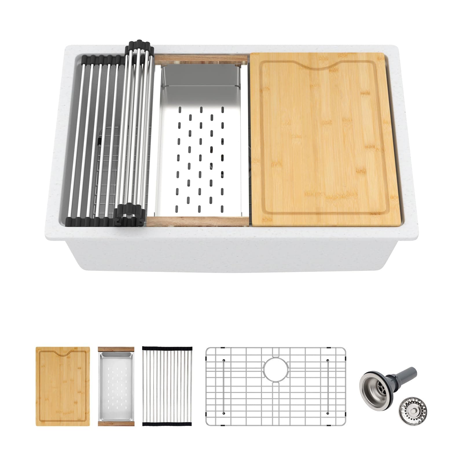 30 White Undermount Kitchen Sink 30"x19" Workstation Granite Composite Quartz Sink Granite Sink Undermount Quartz Modern Under Counter Ledge Single Bowl Kitchen Sinks Basin Deep Sink,LOF-Q497B