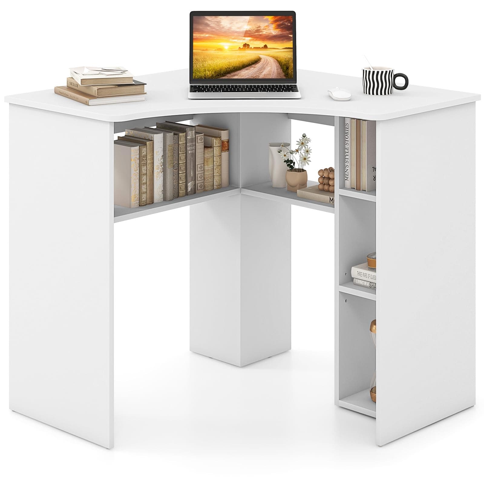 Tangkula White Corner Desk with Storage Shelves, Space-Saving Triangle Study Writing Desk with Adjustable Shelves, Corner Makeup Vanity Desk for Bedroom, Corner Desk for Small Space