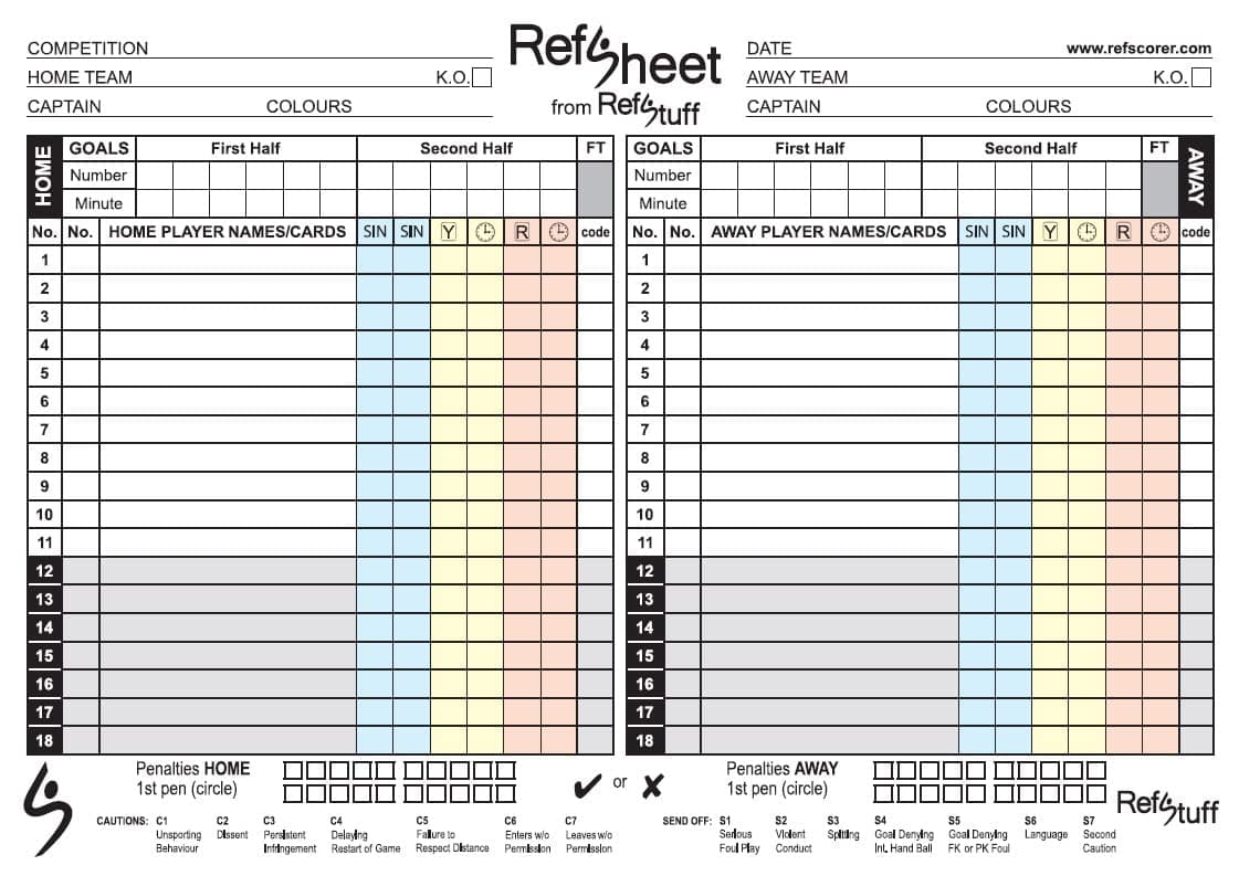 RefSheet (Pack 50) Soccer Referee Match Day Score Sheets