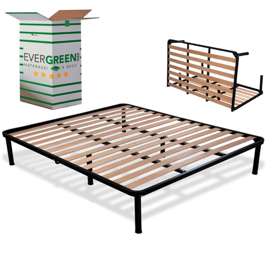 EVERGREENWEB - Folding Bed Frame with Strong Iron Frame and Beech Wood Slats Orthopedic Bed Base Fully Assembled + 6 Legs for All Mattresses and Cushions, 100% Italian (140 x 200 cm, Bed Base)