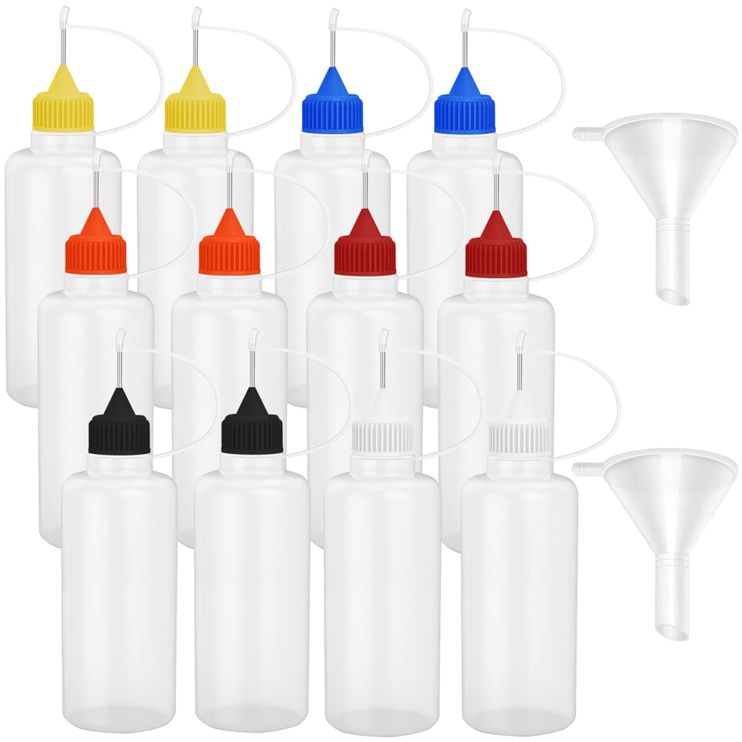 12 Pcs 4 Ounce Needle Tip Glue Bottle 120ml Plastic Dropper Bottles Multicolor Lid with 2 Pcs Mini Funnel for Small Gluing Projects, Paper Quilling DIY Craft, Acrylic Painting