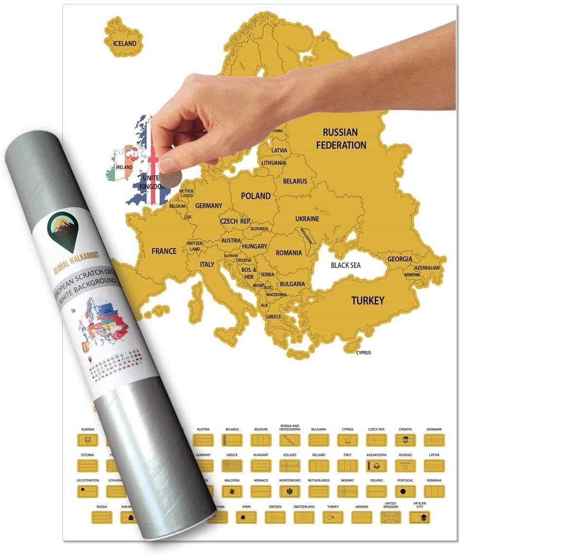 Global Walkabout Scratch Off Europe Map with Flags background – Deluxe Travel Size European Map Poster – Countries and Facts – Travel Gift (White)