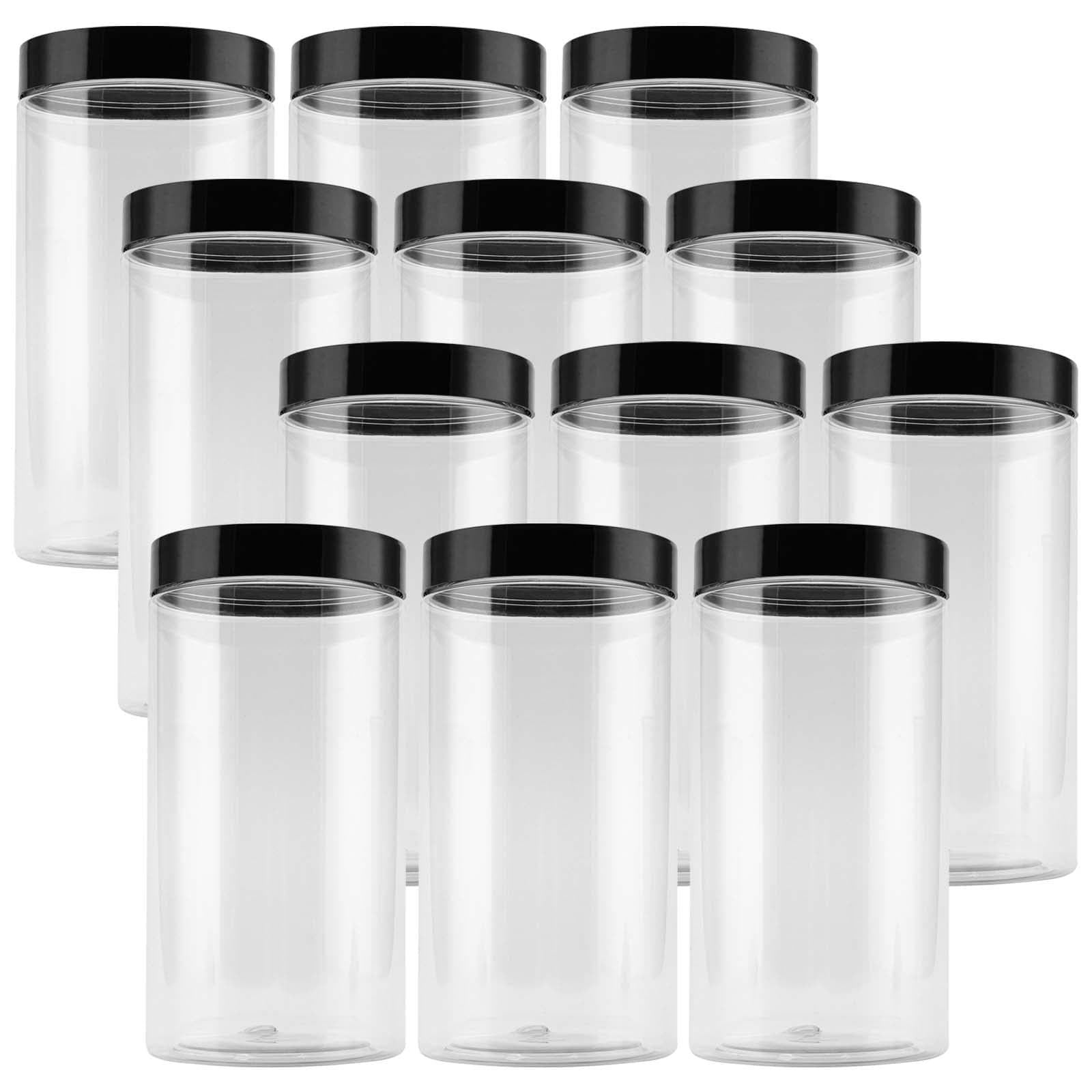 12 Pack 1000 ml Plastic Storage Jars with Black Lids, Clear Round Plastic Jars Wide Mouth Plastic Container for Food, Grain, Spice and Candy