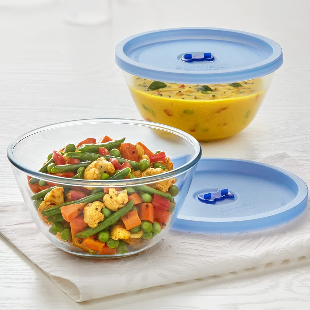 2pc Set of 500ml Round Shape Select Serving & Mixing Bowl with Blue Lid | Borosilicate Glass Bowl for Kitchen & Dinning | Bowl for Mixing Dough, Salad, Batter | Microwave & Dishwasher Safe