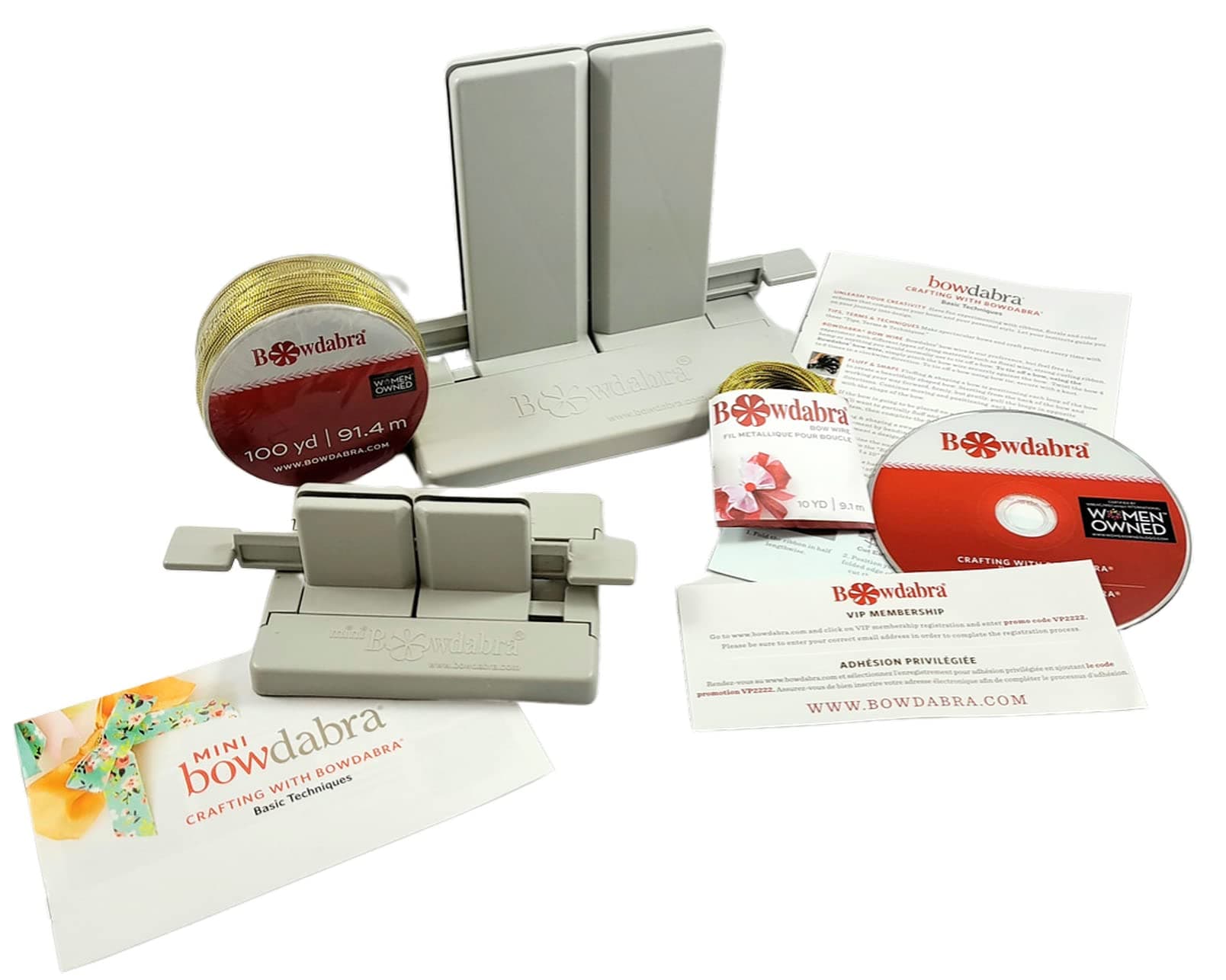 Bow Maker with Large Bowdabra, Mini Bowdabra, 100yd Gold Bow Wire for Ribbon Gift Bows, Swags, Decorations, Hair Bows, Party Favors, Corsages, Wreath Bows, Christmas Decor