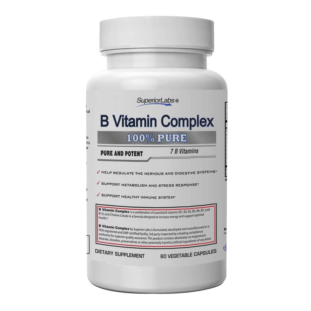 B Vitamin Complex - Superior Absorption - 100% NonGMO Safe from Additives, Stearates, Gluten and Other Allergens - Regulate Digestive System and Support Metabolism - 60 Vegetable Caps