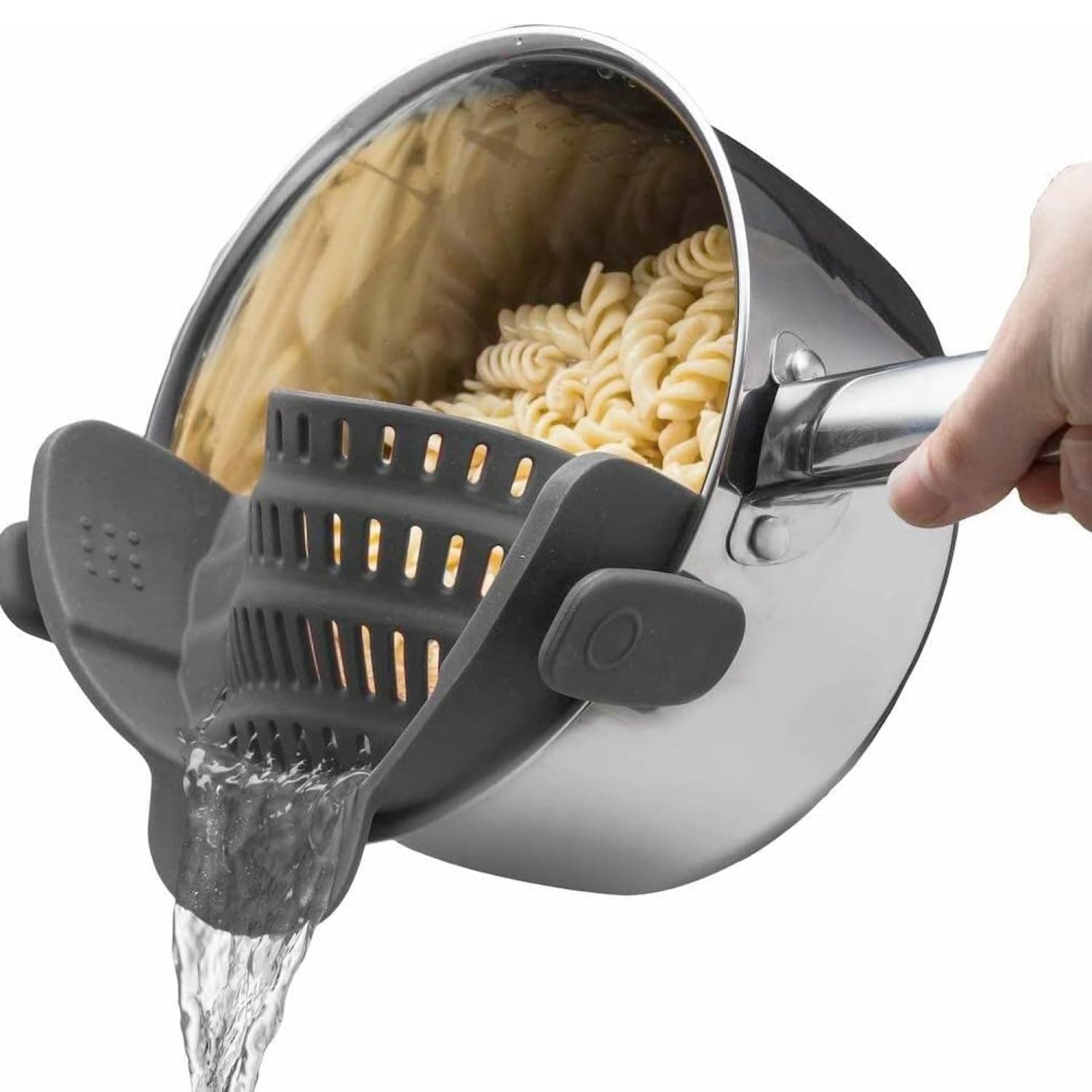 Snap N Strain Pot Strainer and Pasta Strainer - Adjustable Silicone Clip On Strainer for Pots, Pans, and Bowls - Gray