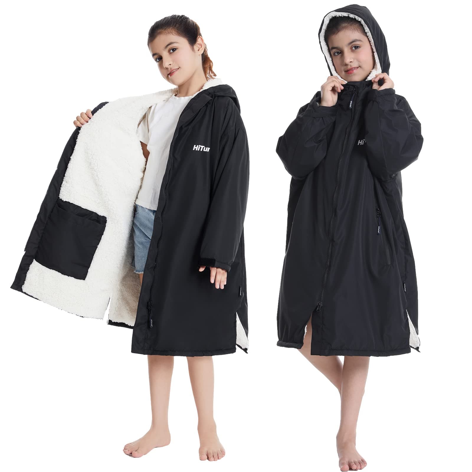 Warm Kids Swim Parka: Waterproof Changing Robe - Oversize Swimming Coat - Hooded Surf Poncho - Thick Lining (7-14Y)
