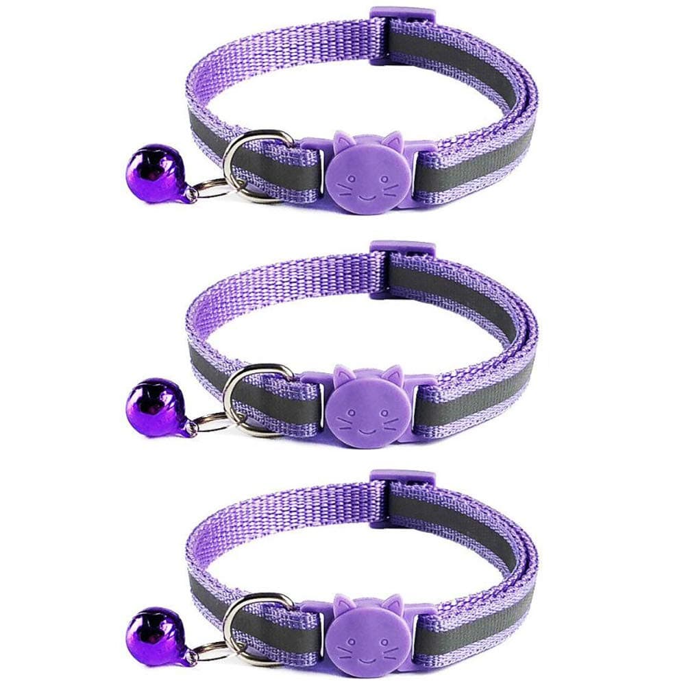3x Reflective Design Adjustable Cat Collars More Safety Quick Release Safety Buckle with Bell (Purple)