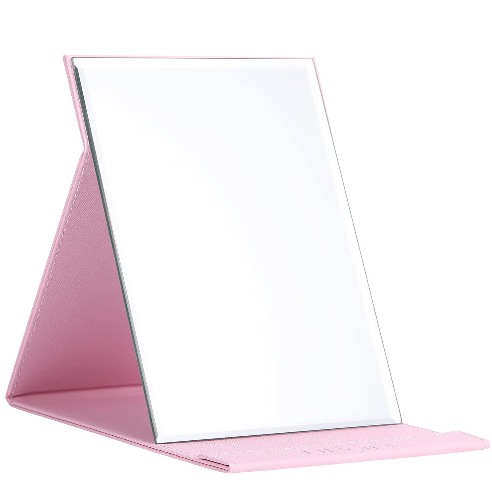 DUcare Leather Craft Makeup Mirror Free Standing Super HD Large Compact Mirror for Desk, Office, Home, Camping, Travel - Pink