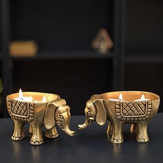 BEHOMA Aluminium Elephant for Good Luck | Statue for Tabletop Living Room Office | Candle Holder Gift Showpiece for Valentine's Day, Birthday (Candles/Plants Etc Not Included, Set of 2, Golden)