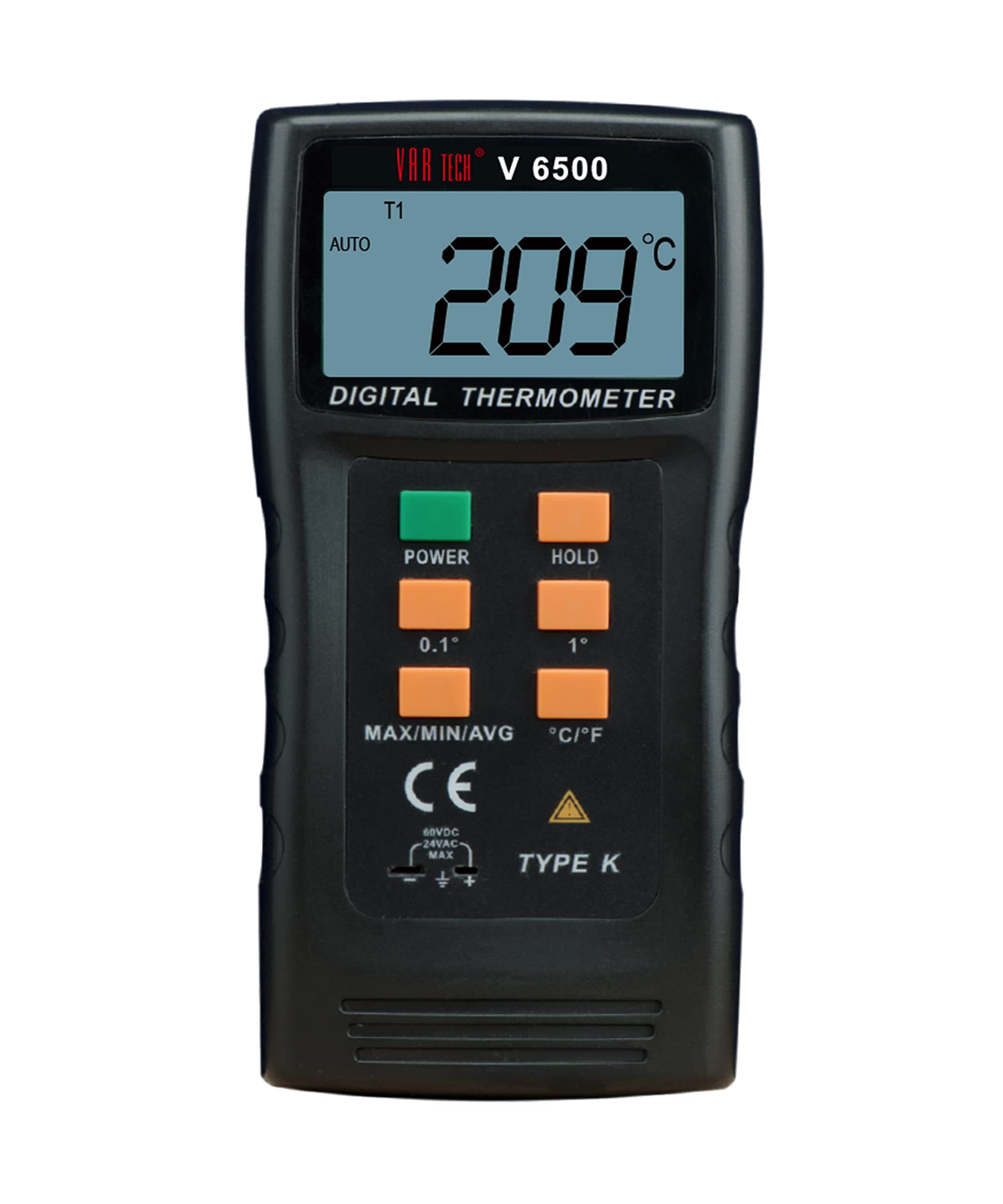 VAR TECH Digital thermometer V 6500 K type thermocouple -150 °C to 1300 °C industrial use with Rod type and bead type probe Data hold Min/Max/Avg Auto power off, Accurate Temperature measurment