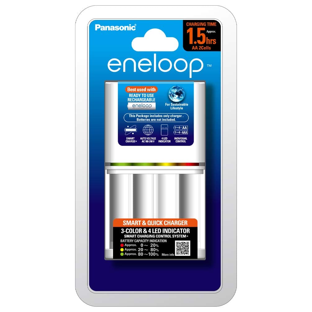 Eneloop CC55N Smart and Quick Charger for AA & AAA Rechargeable Batteries,Input AC100V‐240V 50‐60HZ,Charging Output AA×2 1500mA AAA×2 550mA,Timer Control Charging-on,Full Charged-off.