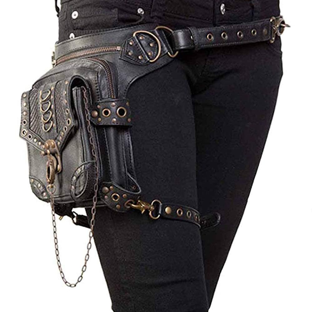 Steampunk Bag，Multi Functional use and （Waist/Shoulder/Leg） Multiple Ways of Wearing and Using Bag Gothic Unisex,Punk Style/Rock Style/Black