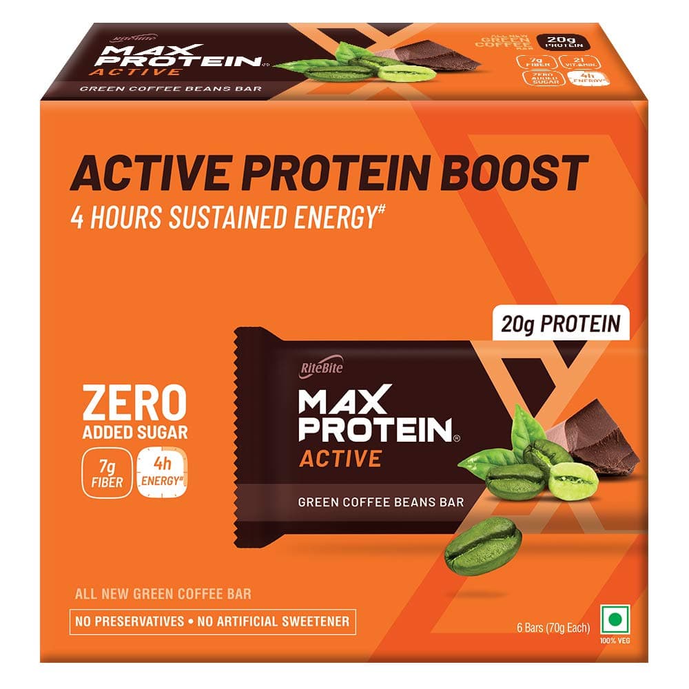 Active Green Coffee Beans Protein Bars with 20g Protein, 7g Fiber & 21 Vit. & Minerals | 0 Added Sugar, No Cholesterol & Trans Fat For Upto 4h of Energy, Healthy Snack, 70g (Pack