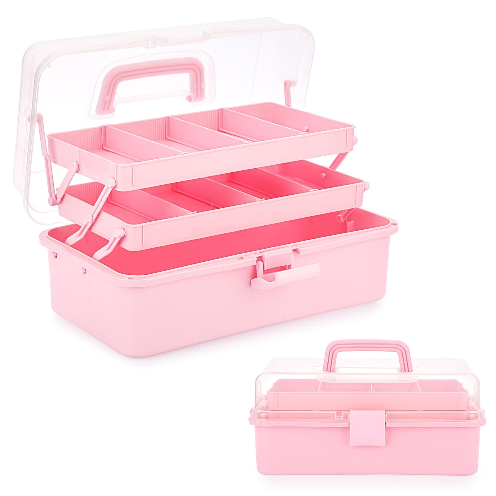 3-Layer Plastic Dividing Storage Box Craft Organizer and Storage with Adjustable Spacers Portable Handled Art Supply Organizer Multipurpose Home Utility Box Organizer (Pink)