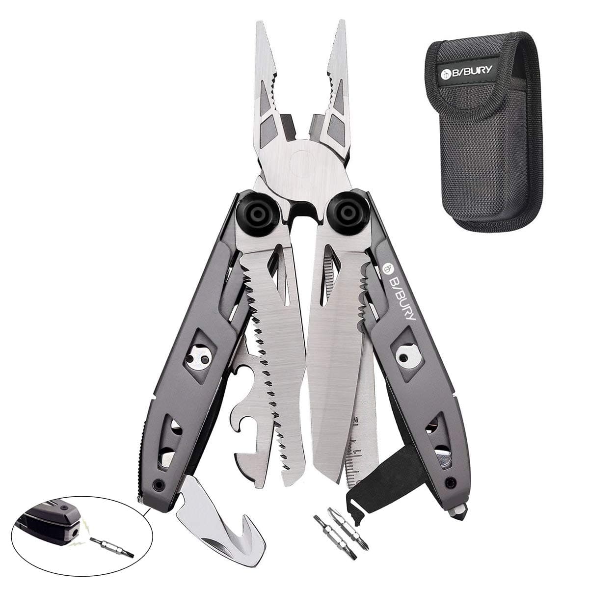 BIBURY Multitool Pliers, 18 in 1 Multi Tool with Titanium-Plated Handle & Safety Hammer, Safety Locking Design Stainless Steel Tool Pocket Knife for Outdoor, Survival, Camping, Hiking, Home Repair