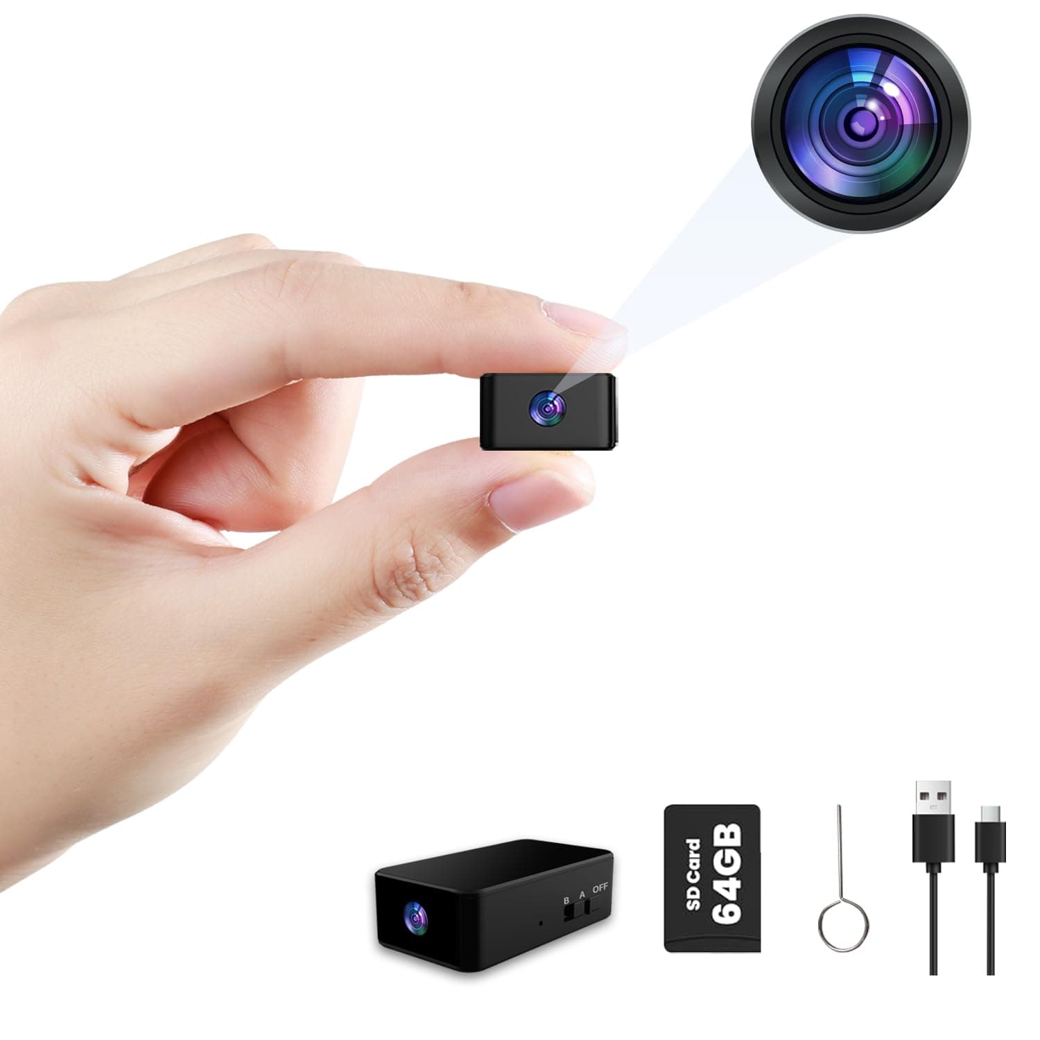 Mini Spy Camera - 64GB Hidden 1080P Small Cam, One Button Operate, Loop Record and Motion Detection Video-record, for Babies/Indoors/Outdoors (No WiFi, Include TF Card)