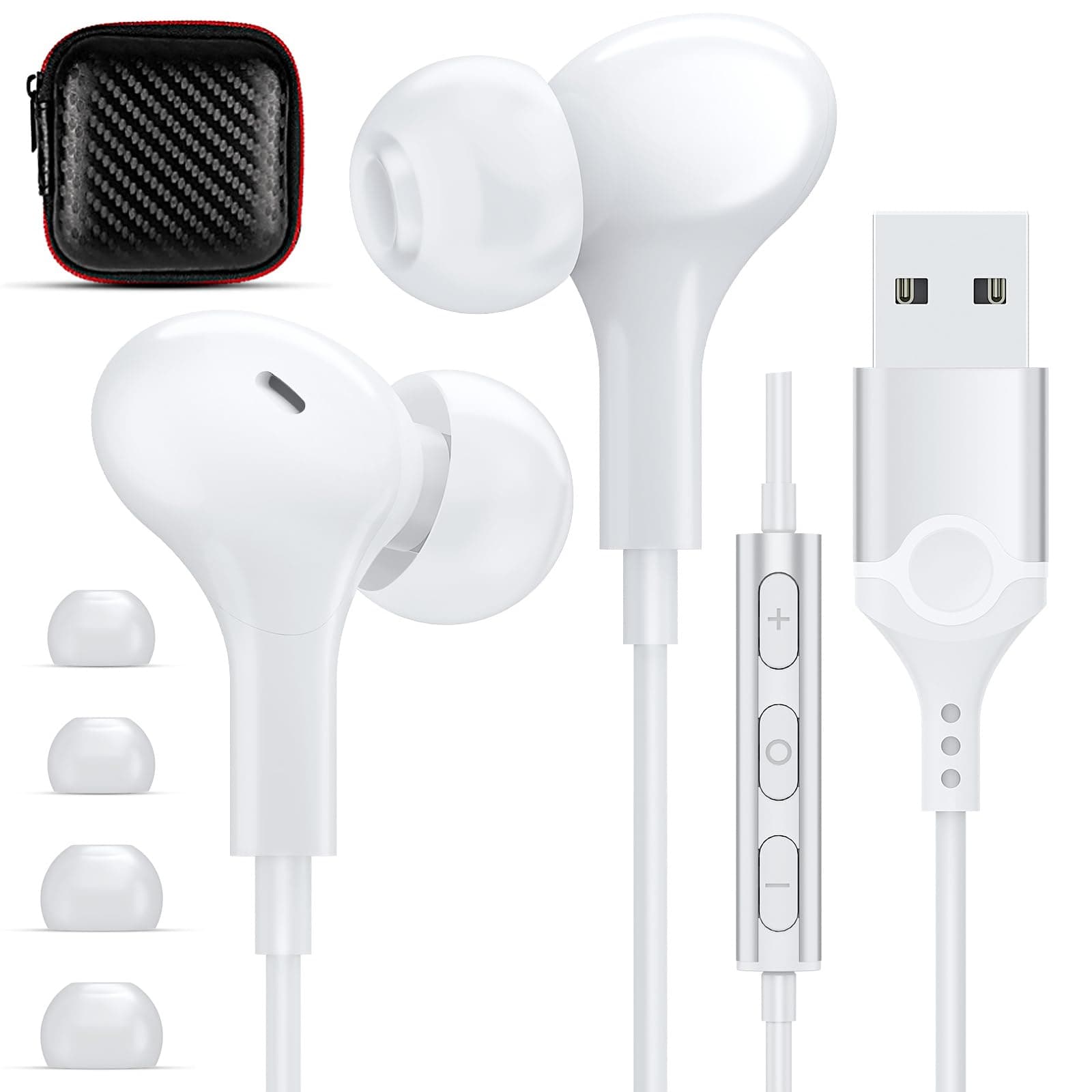 APETOO USB Headset with Microphone for PC - 2.3M, HiFi Stereo Computer in-Ear Headphones Lightweight PC Earbuds with Mute Function for Laptop Live Steam Gaming Headset and PS5 4,White