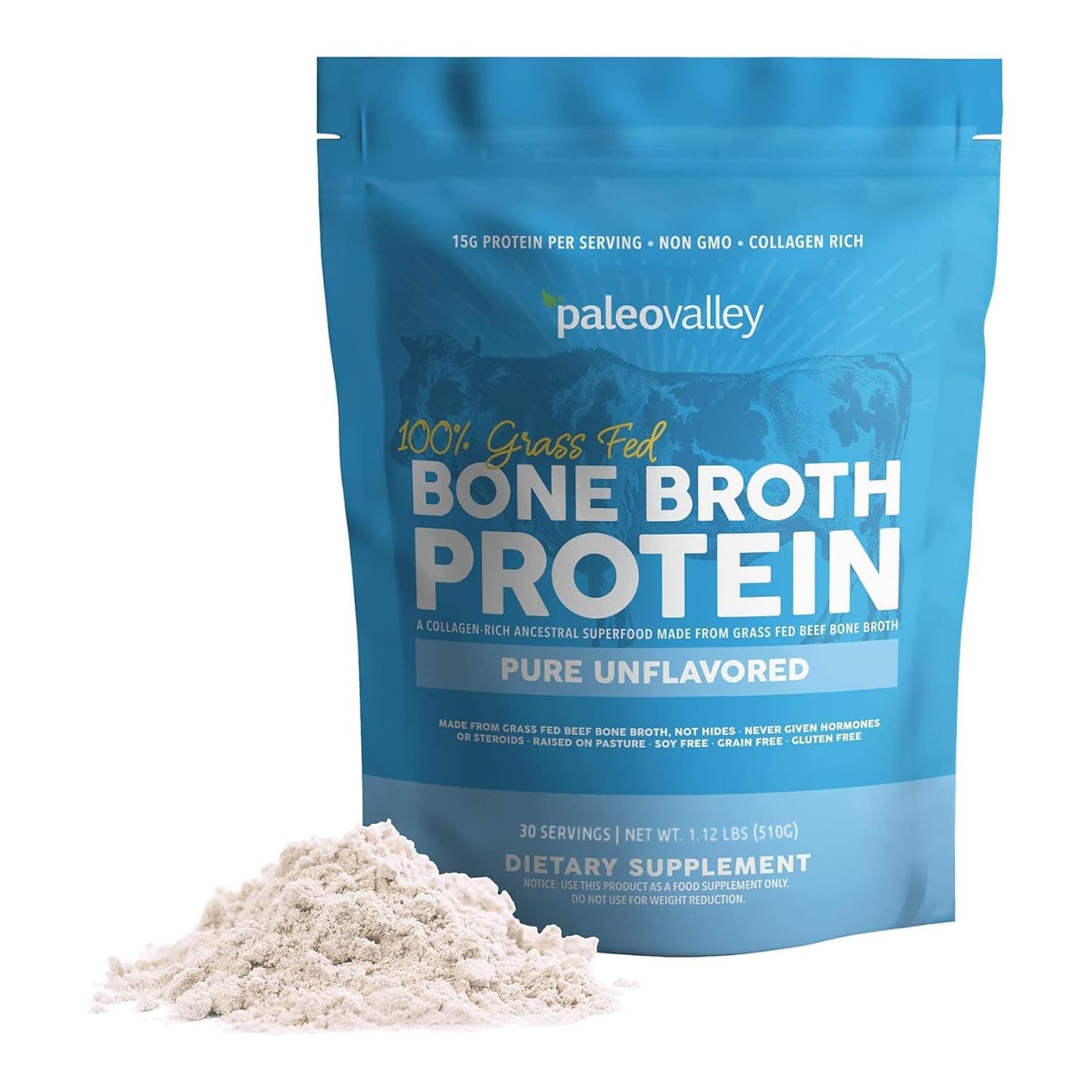 100% Grass Fed Beef Bone Broth Protein Powder - Rich in Collagen Peptides for Hair, Skin, Gut Health, Bone and Joint Support - 15g Protein Per Serving - No Gluten or GMOs