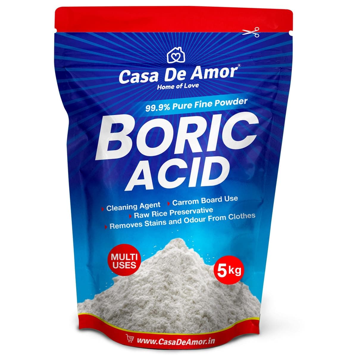 Casa De Amor Multi-Purpose Boric Acid 99.9% Pure Fine Powder- Highly Effective for Carrom Board, Rice Preservative, Multi-Purpose, Anhydrous (5 Kg)