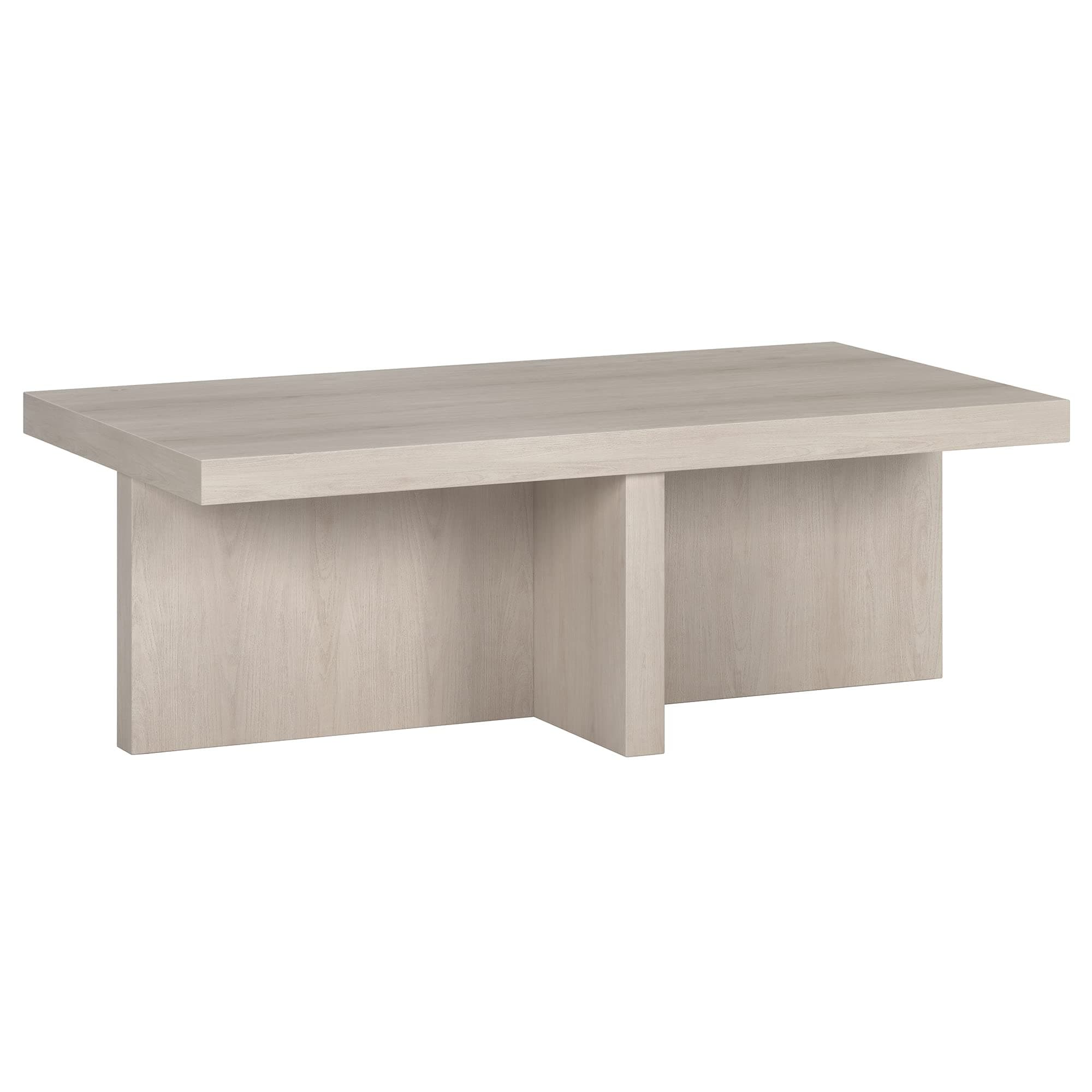 44" Rectangular Wood Pedestal Low-Profile Coffee Table for Living Room, Family Room, or Office, Beech White