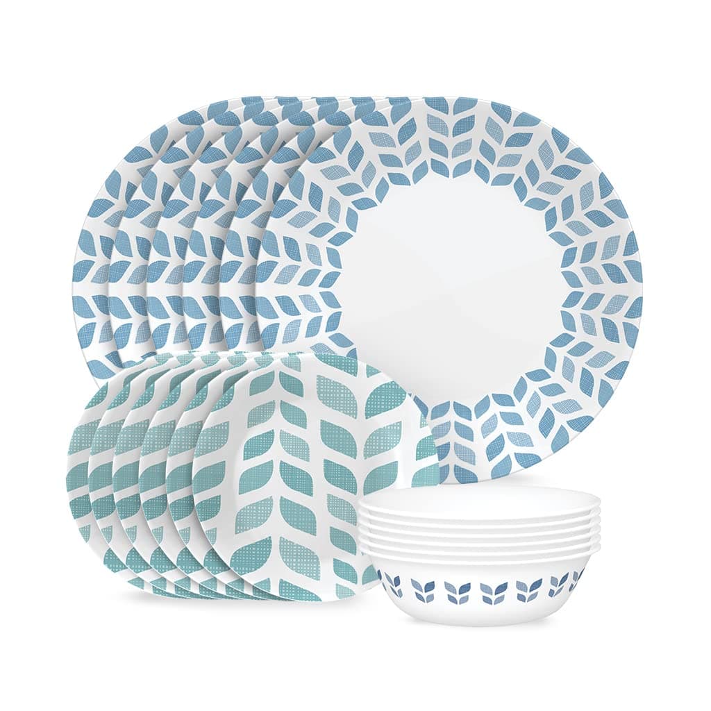 Corelle Global Collection Vitrelle 18-Piece Dinnerware Set Triple Layer Recycled Glass, Lightweight Eco-Friendly Round Plates and Bowls Set, Northern Pines