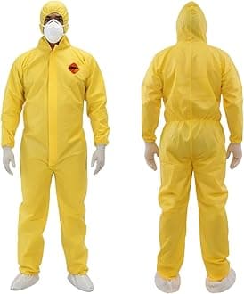 TigerTough Chemical Protection Coveralls for Men - Hazmat Suits with Hood, Zipper & Elastic Waist for Industrial Use, Yellow, X-Large