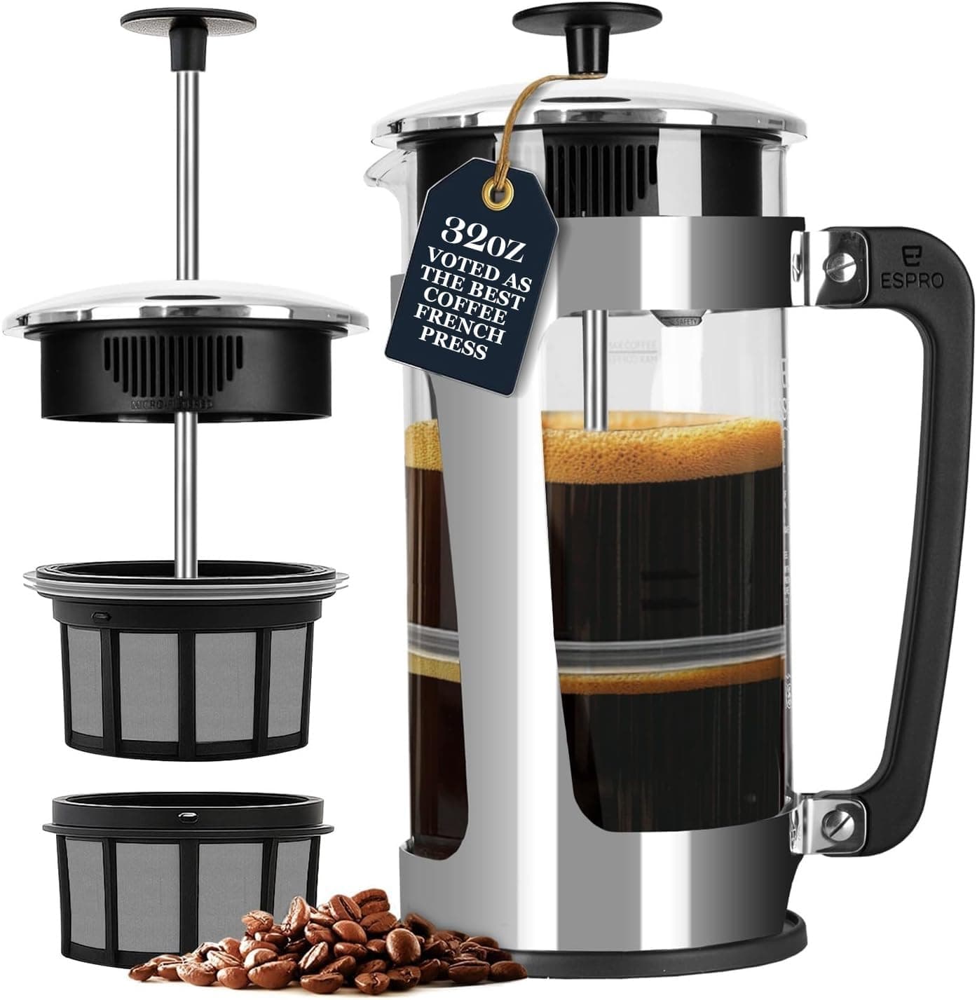 P5 French Press Coffee Maker – Patented Double Micro-Filter for Grit Free Brew, Heat-Resistant Thicker Borosilicate Glass Coffee Press – (32 oz)