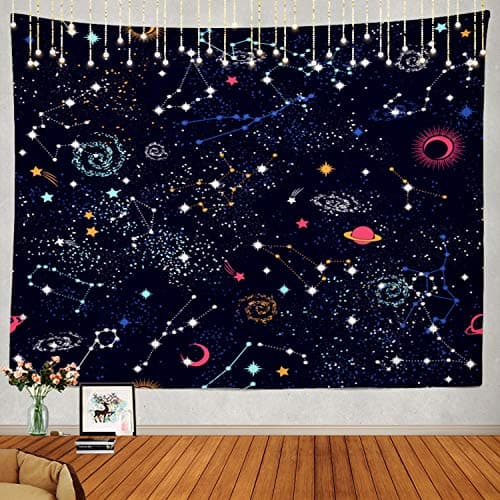 Shrahala Space Tapestry, Space Pattern Science Stars Galaxy Wall Hanging - Large Psychedelic Tapestry for Bedroom & Living Room (51.2 x 59.1 Inches, Blue Black Planet)