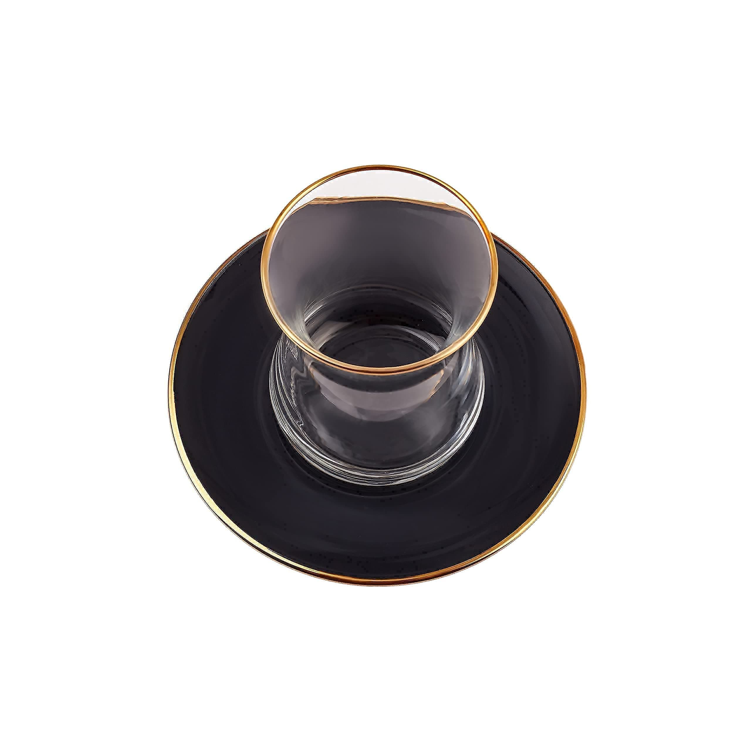 KARACA Retro Anthracite Tea Set for 6 People, Turkish Tea Glasses with Saucers, 12 Pcs, Gold Decal Details