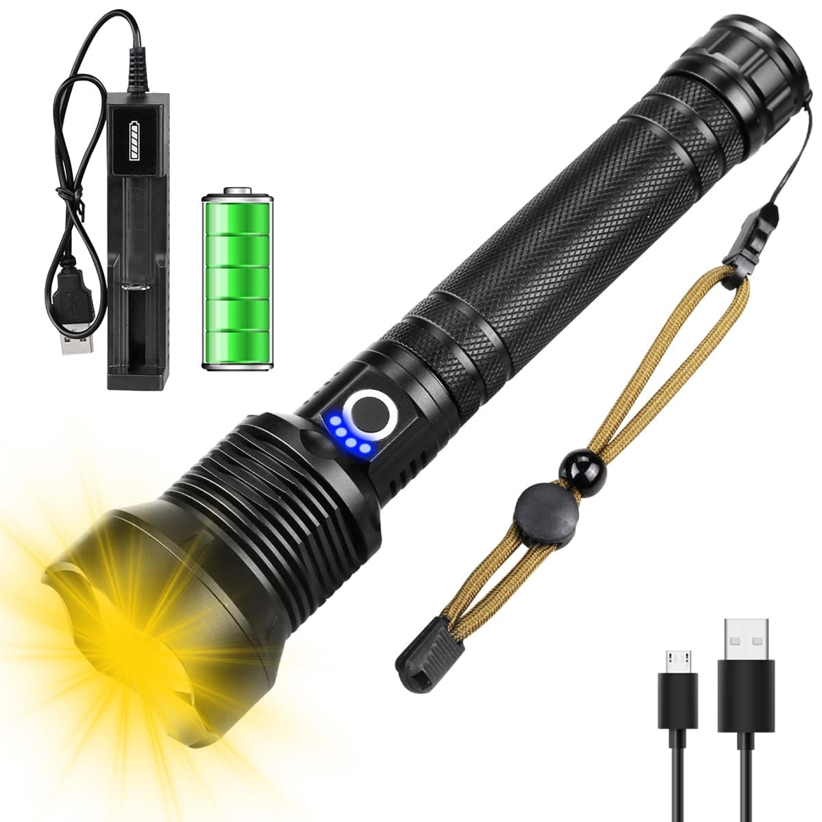 WholeFire Rechargeable Flashlight XHP70 LED Torch Yellow Warm Light Flashlight Amber Yellow Light 3 Modes Adjustable Focus Flash Light Anti-fog Lamp for Emergency Outdoor Hiking Sandstorm