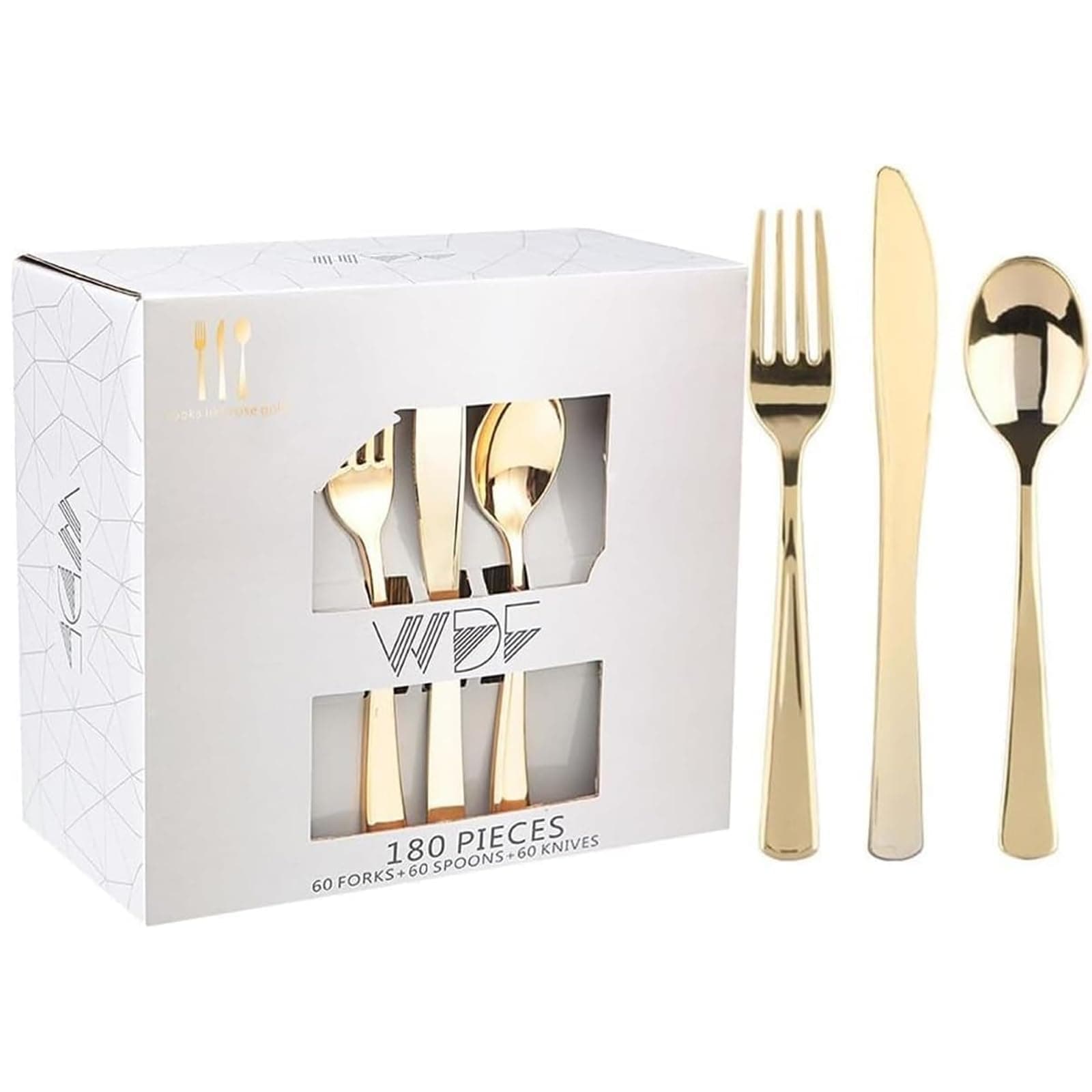 180 Pieces Disposable Plastic Gold Silverware Cutlery - Disposable Flatware Set 60 Forks, 60 Knives and 60 Spoons - Heavy Duty Gold Plastic Cutlery - Utensils for Baby Shower Wedding Spring