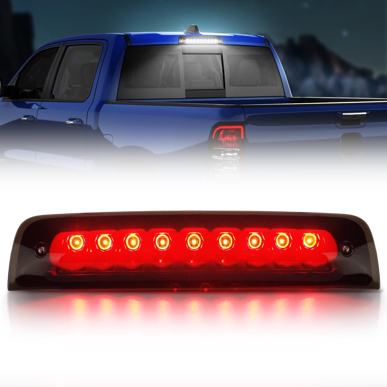 Dodge Ram LED 3rd Brake Light Tail Rear High Mount Lamp for 2009-2017 Dodge Ram 1500 2010 - 2017 Dodge Ram 2500 3500 Red & White Light with Smoke Lens Black Housing - Waterproof