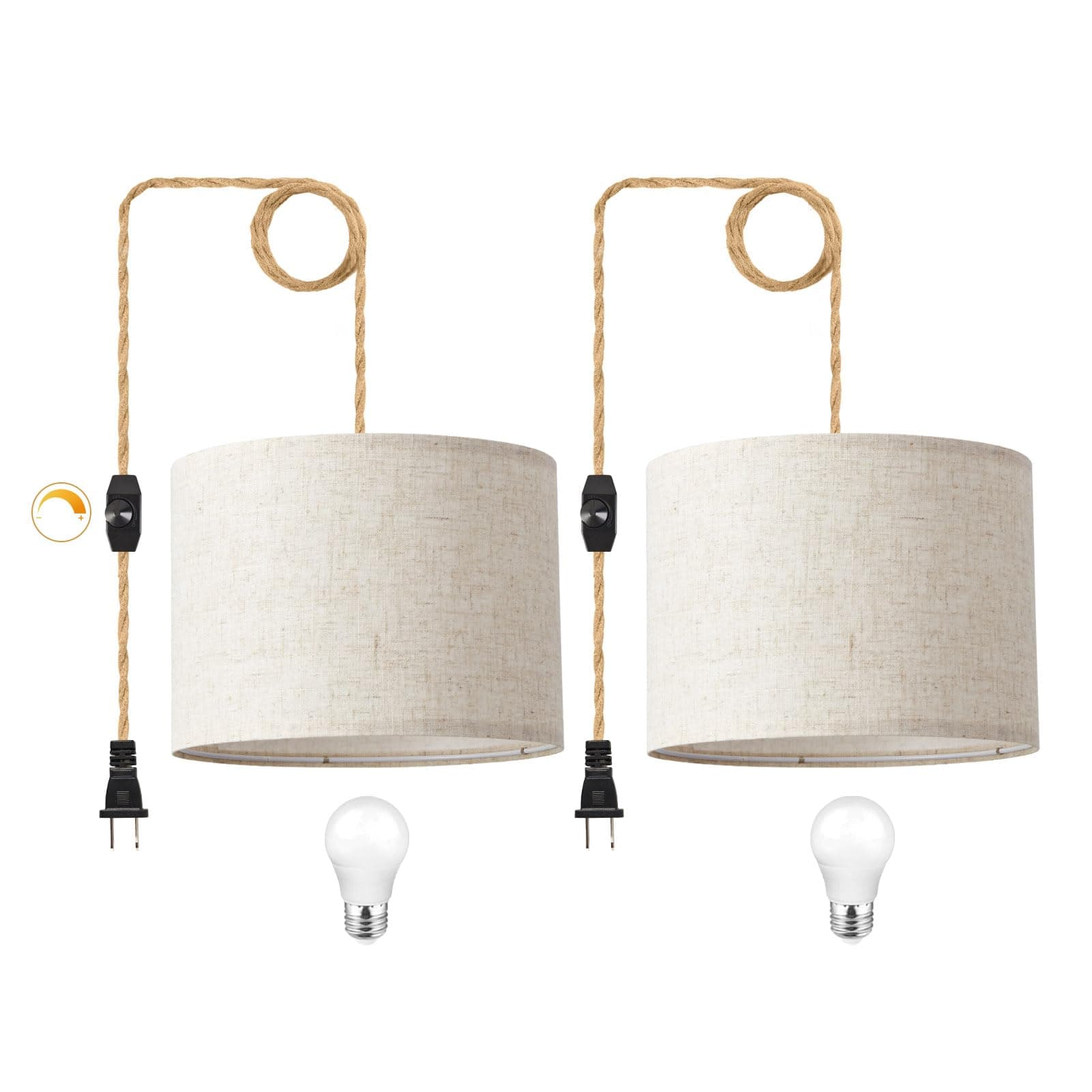 KUAUGST Plug in Pendant Light, Hanging Light with Plug in Cord with Dimmable Switch, Hanging Lamp with 15ft Hemp Rope, Beige Linen Shade, Fixture for Bedroom, Living Room 2 Pack