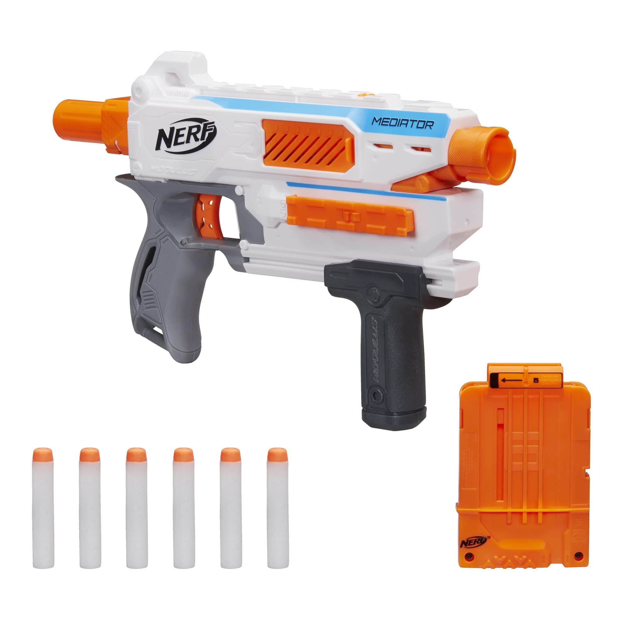 Nerf Modulus Mediator Blaster, Fires 6 Darts in a Row, Pump Action, Slam Fire, Includes 6-Dart Clip and 6 Official Elite Darts, For Kids Ages 8 And Up Multicolor