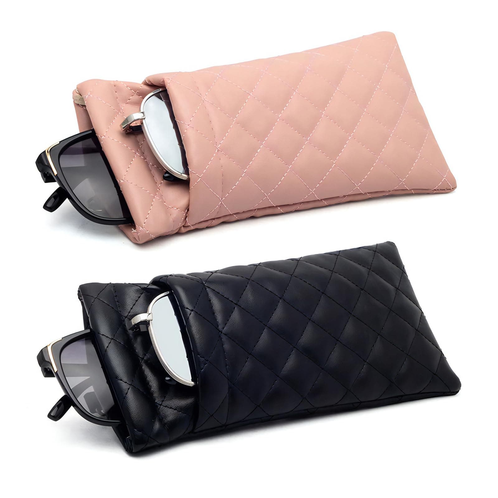 2 Pcs Double Glasses Case, PU Leather Double Eyeglass Case Large Squeeze Top Portable Sunglass Case For Women Men