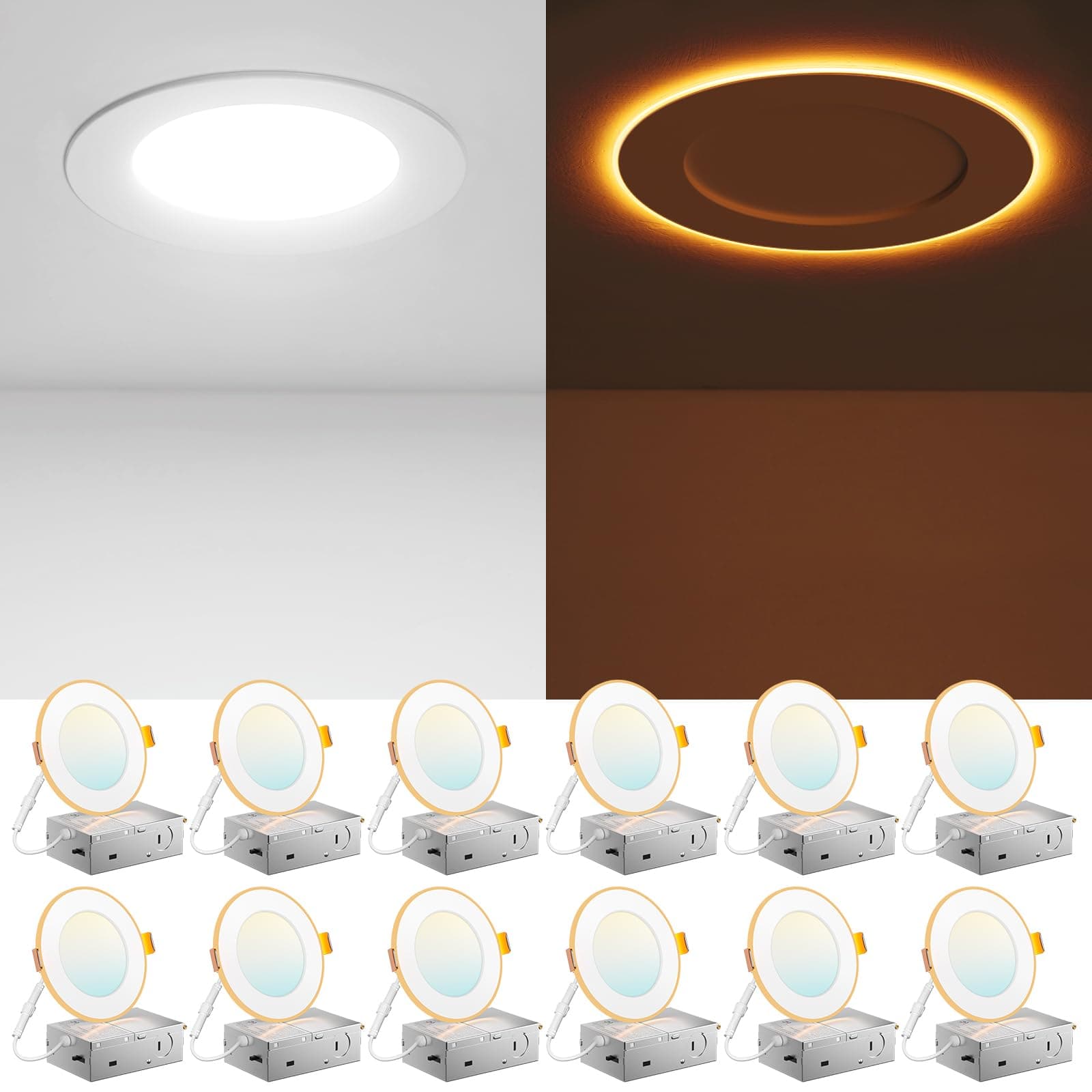 Amico 12 Pack 4 Inch 5CCT LED Recessed Ceiling Light with Night Light, 2700K/3000K/3500K/4000K/5000K Selectable Ultra-Thin Lighting, 10W=90W, 700LM, Dimmable Canless Wafer Downlight - ETL&FCC