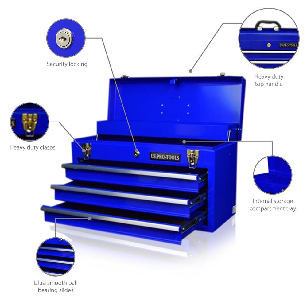US PRO TOOLS 3 DRAWER TOOL CHEST PORTABLE TOOL CABINET BLUE TOOL BOX