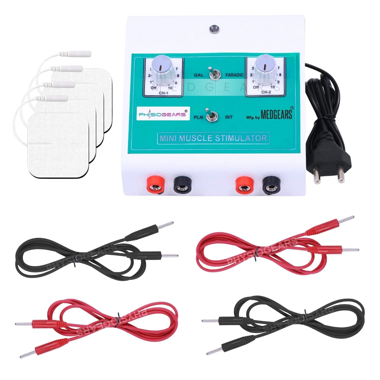 Physiogears Mini MS Two Channel Muscle Stimulator Machine Galvanic with Faradic Stimulation Physiotherapy with Self Adhesive Sticky Pads