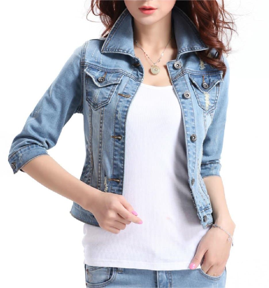 Fundu Women's Lapel Denim Light Blue Cut Out Three Quarter Sleeves Short Jacket US 4