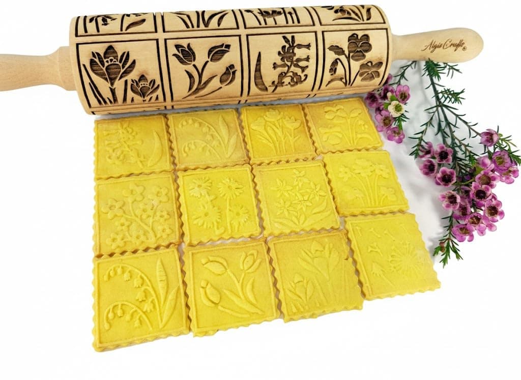SPRING FLOWERS Embossing Rolling Pin with 16 Different Flowers in Squares. Dough and Clay Roller for Embossed Cookies and Pottery. Cookie and Ceramic Stamp. Baking Gifts for Women by Algis Crafts