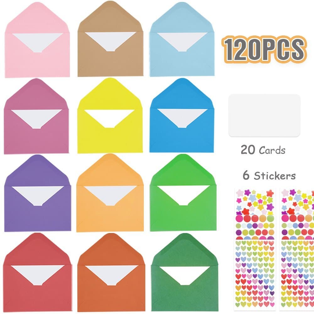 120 Pack Mini Colorful Envelops, 4 x2.7 Inch Small Colored Envelops for Gift Card,Wedding, Birthday Party Supplies, Including 20 White Blank Business card and 6 Sheet Multi Colored Decorative Stickers