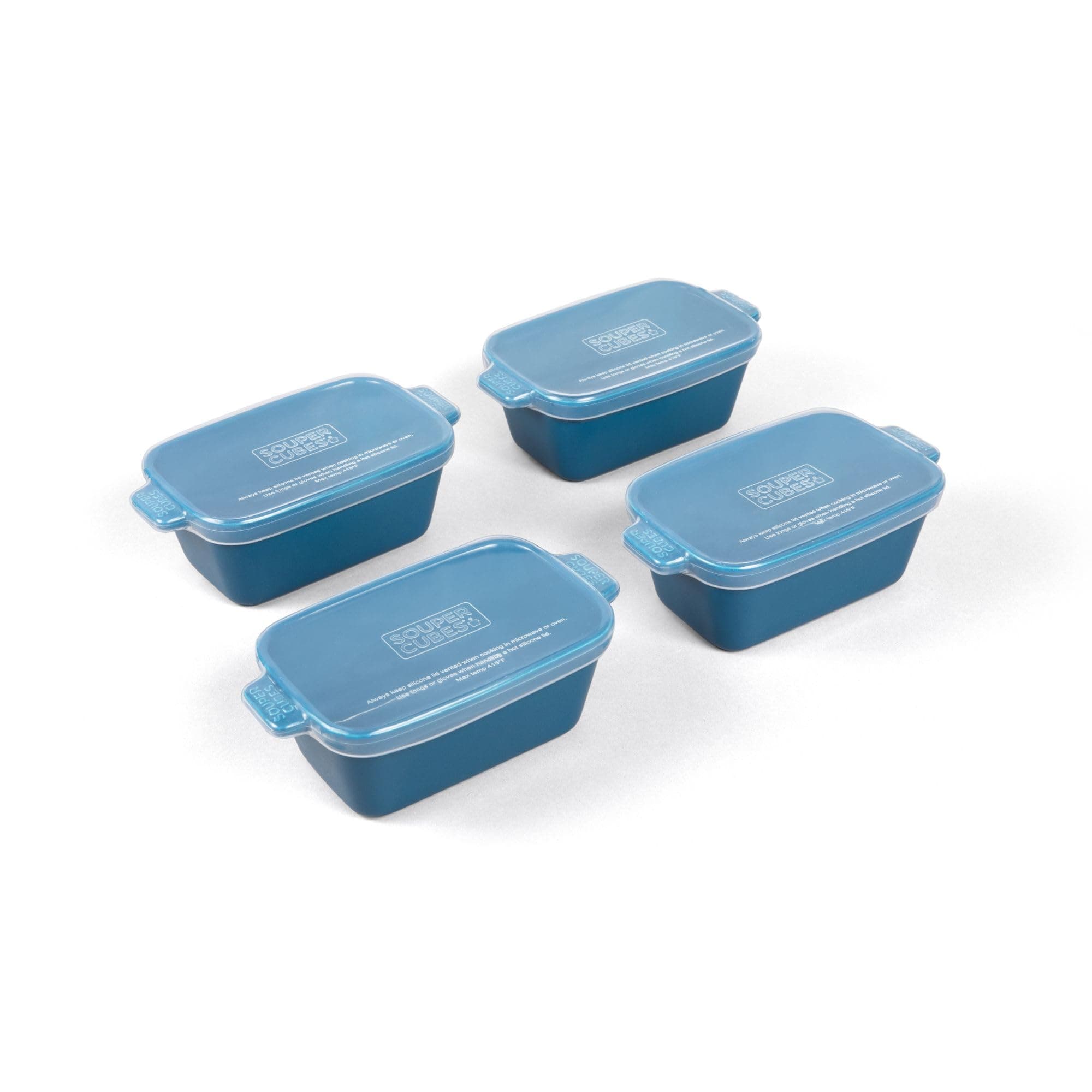 Souper Cubes Stoneware - Small Ceramic 5" x 3" Baking Dish with Silicone Covers, Small Baking Dishes for Oven Perfect for Reheating Single Serve Portions, Set of 4 - Blueberry